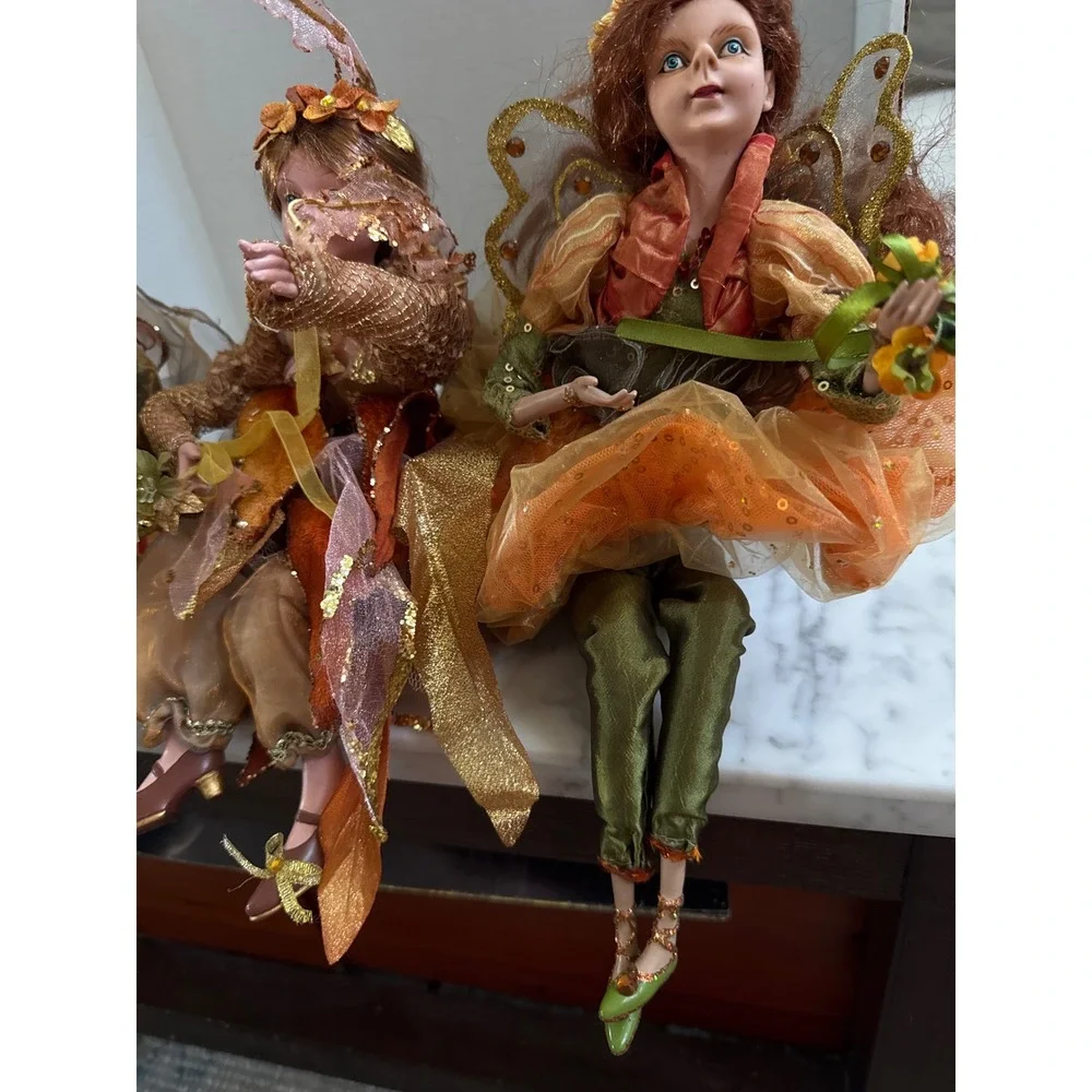 Autumn Harvest Fairy Shelf Sitter Dolls Orange Green Gold 14 Inch Set of 3